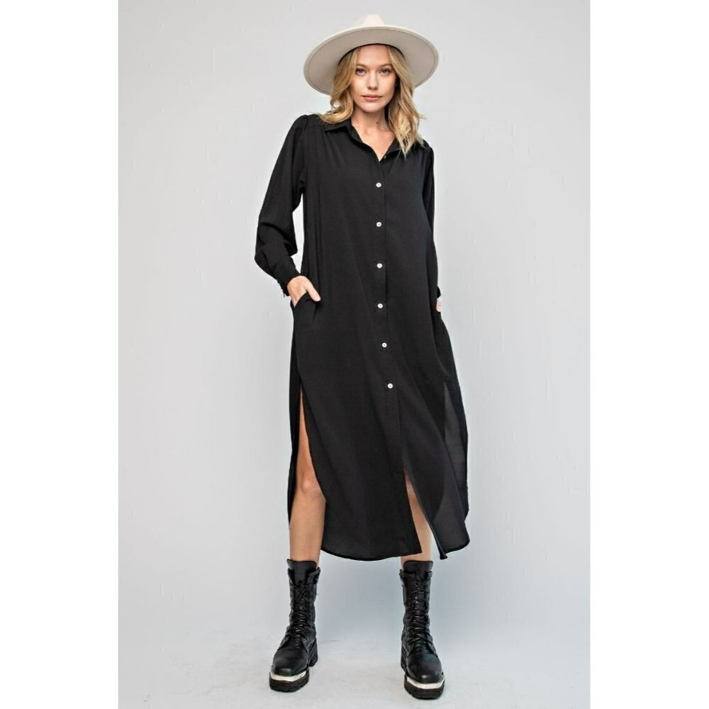 Found My Forever Button Down Wool Dobby Dress in Black